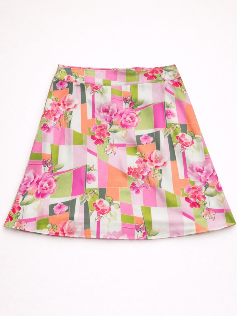 S.L.B Silk Floral Skirt Womens XL A Line Pink Green Retro Spring Summer